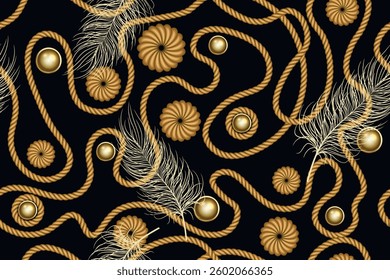 Luxury 3d seamless pattern with golden intricate wavy twist ropes, shiny pearls, decorative flowers and soft feathers on a black background. Textured ornamental  vector ornaments. Endless texture.