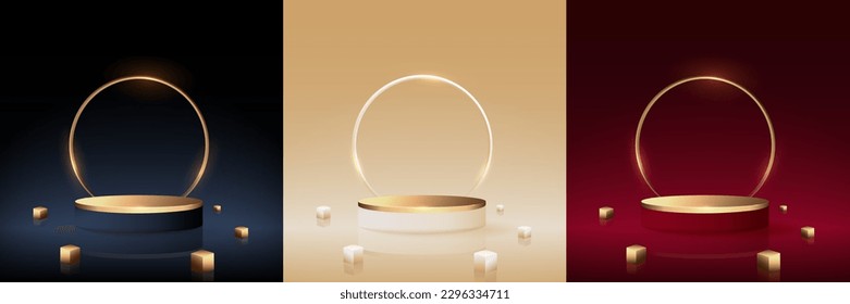 Luxury 3d set of gold podium with circle ring background or round stage with cube minimal wall scene for mockup products display showcase.