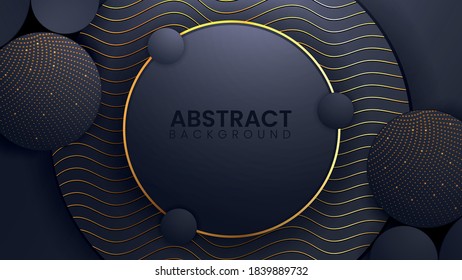 Luxury 3d shape background with shimmering gold dotted pattern isolated on black. Abstract realistic paper cut background. Elegant template.