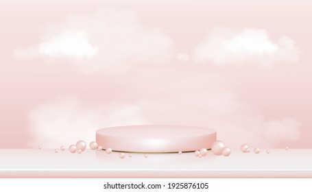 Luxury 3D Showcase display with pearl and fluffy cloud in pink pastel and yellow gold stand,Vector Realistic podium on pink sky background,illustration showcase mock up for cosmetic or beauty product