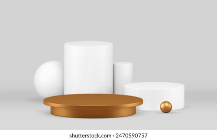 Luxury 3d showcase podium with white cylinder wall background for show realistic vector illustration. Premium golden pedestal metallic circle platform with geometric shape for product presentation
