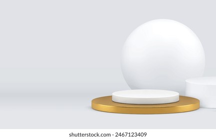 Luxury 3d showroom space golden podium with white sphere background realistic vector illustration. Trendy light geometric showcase cylinder pedestal for premium product commercial advertising show