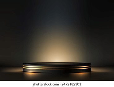 Luxury 3D Sleek Black Podium with Gold Trim Under Spotlight for Product Display, Showroom, Showcase, and Mockup