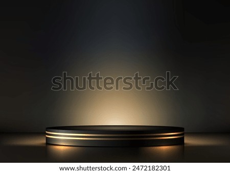 Luxury 3D Sleek Black Podium with Gold Trim Under Spotlight for Product Display, Showroom, Showcase, and Mockup