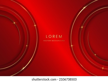 Luxury 3d template design circles overlapping layers stripes and gold glitter line light on red elegant background with copy space for text. Vector illustration