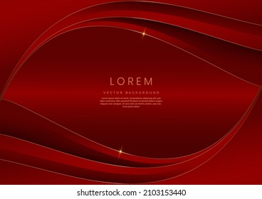 Diseño de plantilla 3d de lujo rayas de capas de capas rojas curvadas y luz de línea de brillo dorado que se enciende sobre fondo rojo con espacio de copia para texto. Ilustración del vector