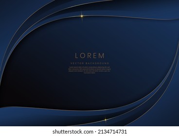 Luxury 3d template design curved dark blue overlapping layers stripes and gold glitter line light sparking on red background with copy space for text. Vector illustration