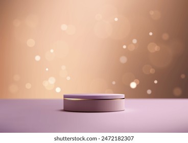 Luxury 3D Violet Podium with Gold Rim on Purple Table and Bokeh Background for Product Display, Mockup, Showroom Showcase