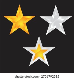 Luxury 3-star rating vector on dark background. Includes gold star, silver star, and a mixed gold-silver star. Ideal for awards, premium ranking, quality icons, VIP labels, and elegant graphic design.