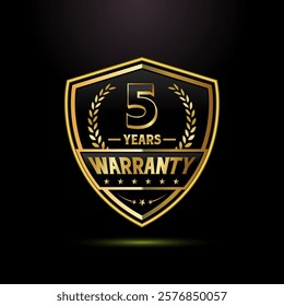 Luxury 5 years warranty with golden shield shape. for label, seal, stamp, icon, logo, badge