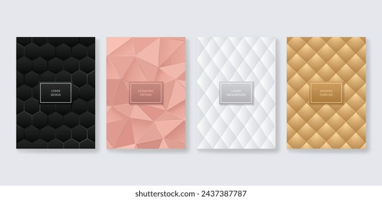 Plantilla de cubierta de lujo a4 con hexágono geométrico, diamante, rombo cuadrado, patrón de mosaico poligonal.  Colección vectorial para diseño de portada, folleto, catálogo, menú. Fácil de editar con el uso de máscara.