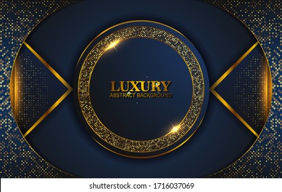 Luxury Abstract, 3d background with dark blue paper layers. Elegant decoration, Vector shape geometric, Golden Glittering, Glitter Gold, Sparkling background. Graphic design element.