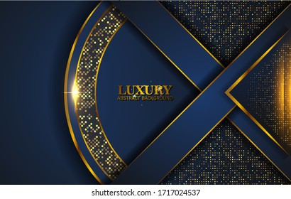Luxury Abstract, fondo 3d con capas de papel azul oscuro. Decoración elegante, forma vectorial geométrica, brillo dorado, oro brillante, fondo espumoso. Elemento de diseño gráfico.