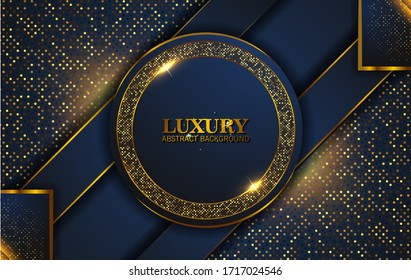 Luxury Abstract, fondo 3d con capas de papel azul oscuro. Decoración elegante, forma vectorial geométrica, brillo dorado, oro brillante, fondo espumoso. Elemento de diseño gráfico.