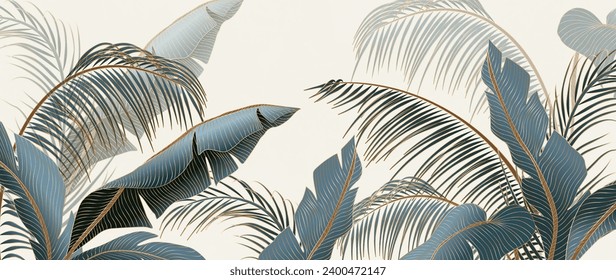 Luxury abstract art background with blue palm leaves with golden line art elements. Botanical banner with tropical plants for decor, print, textile, interior design, wallpaper, packaging.