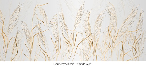 Luxury abstract art background with dry grass hand drawn in golden line style. Botanical hand drawn vector banner for print design, textile, decor, packaging, wallpaper.