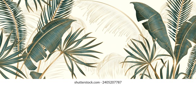 Luxury abstract art background with leaves of tropical plants with line art elements. Botanical banner for decoration, print, wallpaper, textile, interior design