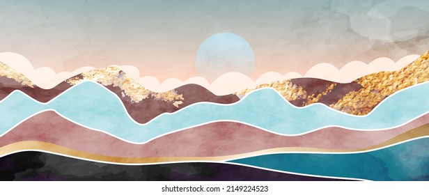 Luxury abstract art background with mountains and hills in a watercolor style. Vector banner with hills, mountains and sun for decoration, wallpaper, packaging, fabric, mural