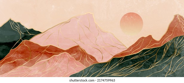 Lujo arte abstracto con montañas y colinas con línea dorada. Banner de paisaje vectorial en un estilo acuático para decoración, impresión, papel pintado, diseño interior