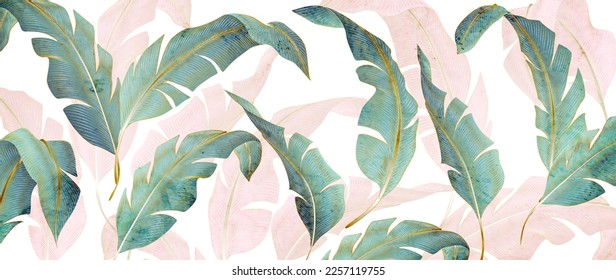 Luxury abstract art background with palm leaves in blue and pink tones. Botanical banner with exotic leaves for decoration, print, wallpaper, textile, interior design.