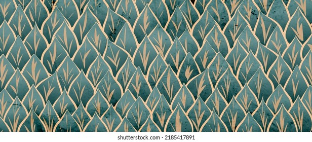 Luxury abstract art background with a pattern of leaves in green, blue and gold colors. Botanical banner for decor, print, wallpaper, interior design.