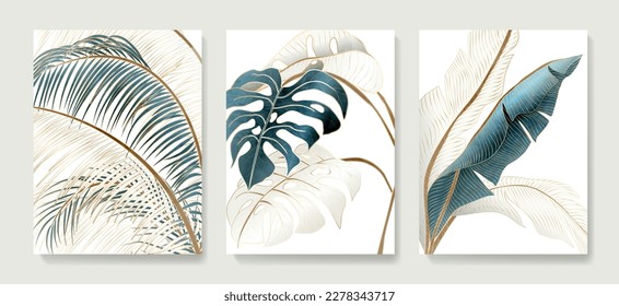 Luxury abstract art background with tropical palm leaves, monstera in white and blue colors with golden line elements. Botanical poster set for wallpaper design, print, textile, interior