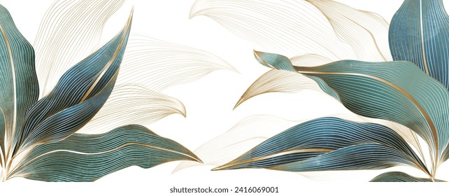 Luxury abstract art background with tropical leaves in line art style. Botanical banner in watercolor style for decoration, print, wallpaper, interior design, textile.