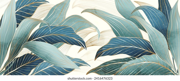 Lujoso fondo artístico abstracto con hojas tropicales en tonos azules y verdes en un estilo de línea dorada. Banner botánico vectorial para decoración, impresión, textil, papel pintado, diseño interior, afiche.