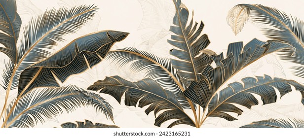 Luxury abstract art background with tropical palm leaves with golden hand drawn line elements. Vector botanical banner for decoration, wallpaper, print, interior, textile, poster