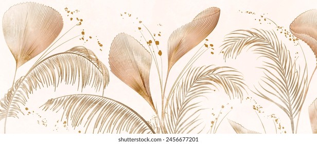 Luxury abstract art background with tropical palm leaves in gold and beige colors with gold line elements. Botanical banner for decoration, print, textile, wallpaper, interior design.