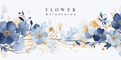 Luxury Abstract Art Botanical Composition. Spring Minimal Design In Blue And Golden Shades. Watercolor Flowers, Plants, Leaves.