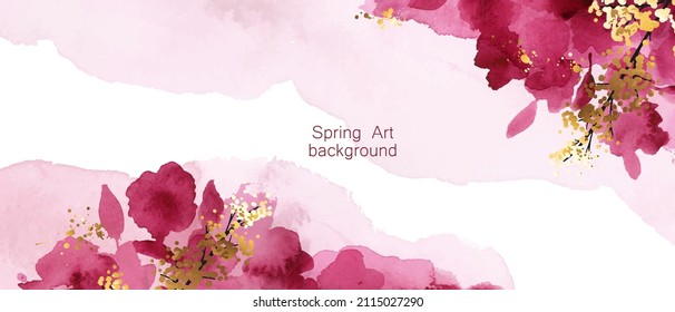 Luxury abstract art botanical composition. Spring minimal design in pink, magenta and golden shades. Watercolor flowers, plants, leaves.
