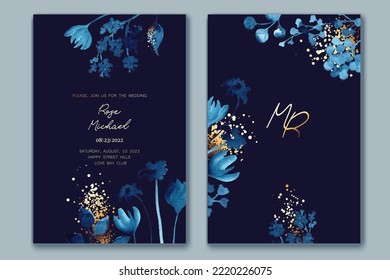 Luxury abstract art botanical composition. Minimal design in blue and golden shades. Watercolor flowers, plants, leaves, gold splatters.