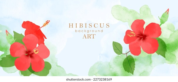 Luxury abstract art botanical composition. Exotic minimal design in red, green and blue shades. Watercolor flowers, plants, leaves, hibiscus. 