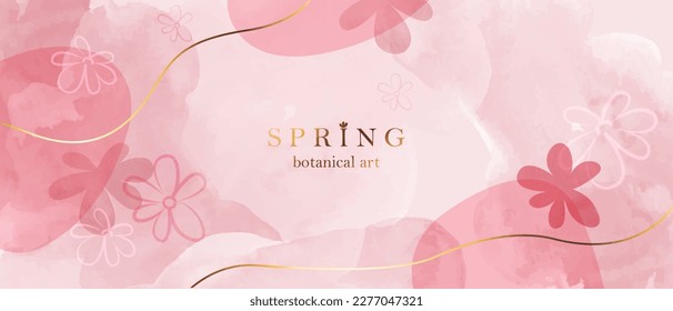 Luxury abstract art botanical composition. Spring minimal design in pink, white and golden shades. Watercolor flowers, plants.