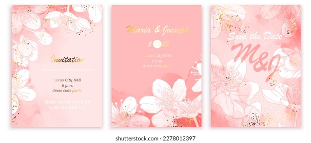 Luxuriöse abstrakte Kunst botanische Komposition. Minimales Frühjahrsdesign in Rosa, Weiß und Golden. Aquarellblumen, Pflanzen, Blätter, Sakura. Kirschblüten. Design für Hochzeitskarte, Einladung.