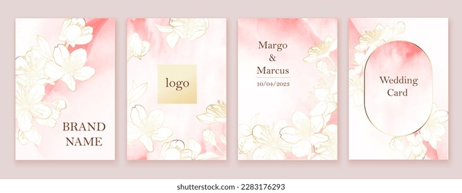 Luxury abstract art botanical composition. Spring minimal design in pink, white and golden shades. Watercolor flowers, plants, leaves, sakura. Cherry blossoms. Design for wedding card, invitation.