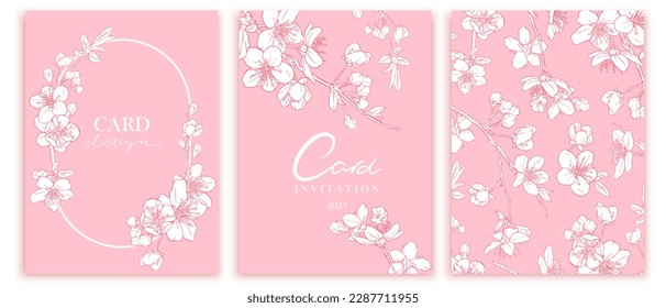 Luxury abstract art botanical composition. Spring minimal design in pink, white and red shades. Watercolor flowers, plants, leaves, sakura. Cherry blossoms. Design for wedding card, invitation.