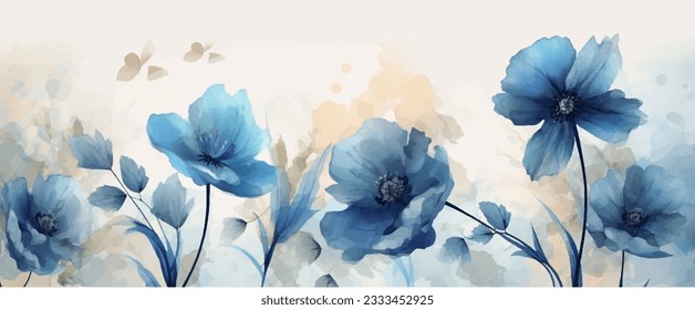 Luxury abstract art botanical composition. Spring minimal design in blue and golden shades. Watercolor flowers, plants, leaves.