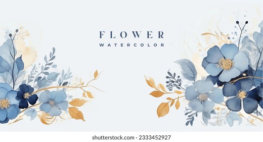 Luxury abstract art botanical composition. Spring minimal design in blue and golden shades. Watercolor flowers, plants, leaves.