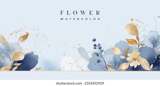 Luxury abstract art botanical composition. Spring minimal design in blue and golden shades. Watercolor flowers, plants, leaves.