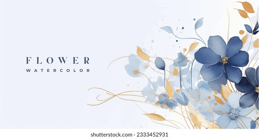 Luxury abstract art botanical composition. Spring minimal design in blue and golden shades. Watercolor flowers, plants, leaves.