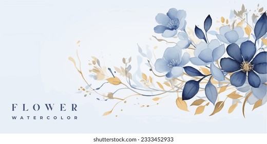 Luxury abstract art botanical composition. Spring minimal design in blue and golden shades. Watercolor flowers, plants, leaves.