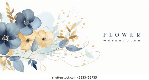 Luxury abstract art botanical composition. Spring minimal design in blue and golden shades. Watercolor flowers, plants, leaves.