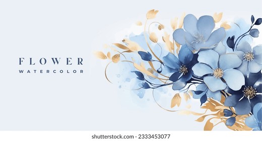 Luxury abstract art botanical composition. Spring minimal design in blue and golden shades. Watercolor flowers, plants, leaves.