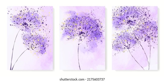 Luxury abstract background with dandelion flowers in gold and purple colors in watercolor art style. Botanical ink hand drawn print set for decor, poster, interior design