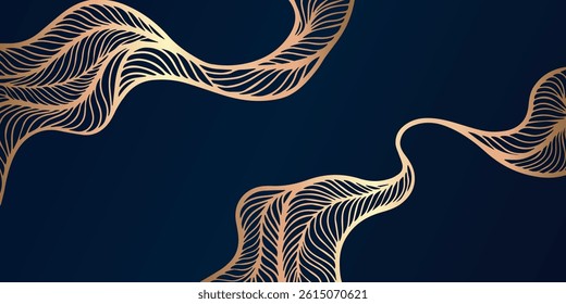 Luxury abstract background with gold wavy lines. Hand drawn golden waves pattern. Luxury Gold Abstract Flowing Lines Background on Dark Navy Blue. Vector illustration