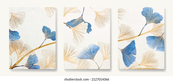 Luxury abstract background with golden and blue ginkgo leaves. Stylish botanical design with lines for the interior.	
