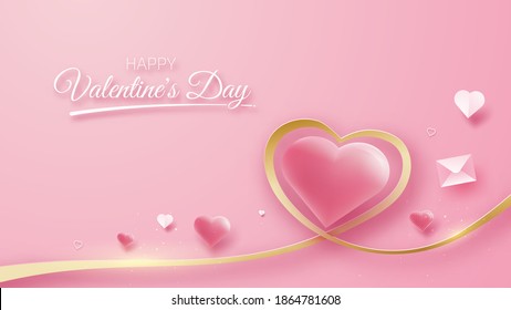 Luxury abstract background with heart shape and Golden lines glitter , Valentines day template modern concept Paper cutting style and 3d. Vector illustration for design.