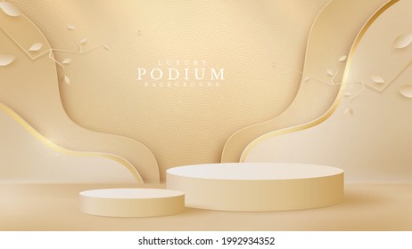 Luxury abstract background, leaves overlapping on golden curve lines with cylinder shape podium for show product scene. cream color stage about sweet feeling. paper cut style. vector illustration.